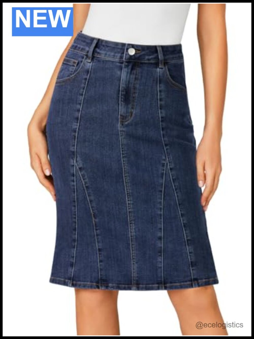 High Waisted Stretch Denim Mermaid Skirt Women's Knee Length Zip Fly